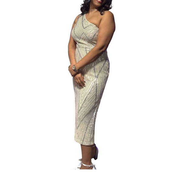 Women's One-Shoulder Sparkling Sequin Party Dress For Holiday Party Clothes Maxi - Picture 7 of 9